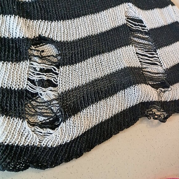Distressed Striped Sweater Grunge Punk Knit Top Shredded Black White (Fits M) - Picture 4 of 13
